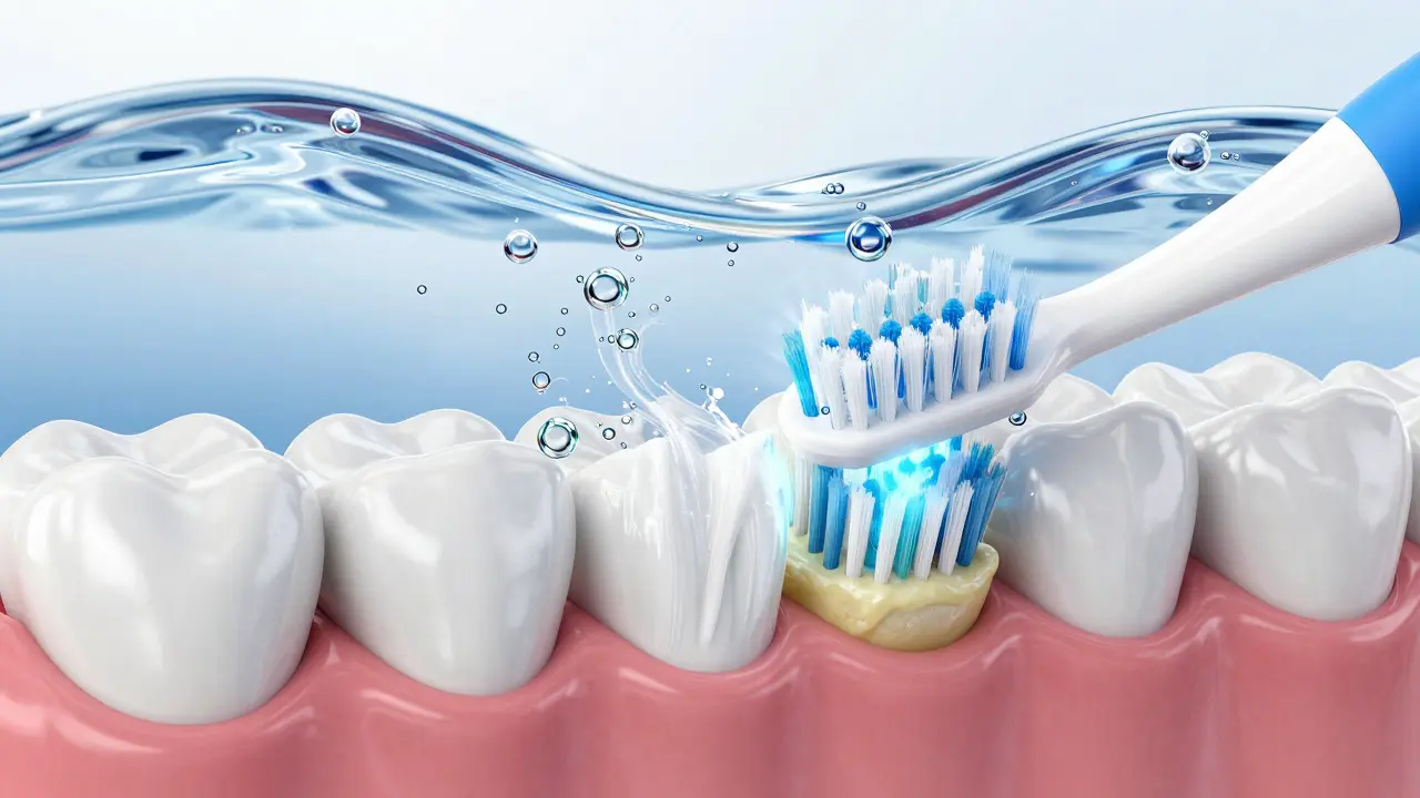 Vizualizace sonických vln a tekutiny odstraňující plak mezi zuby.