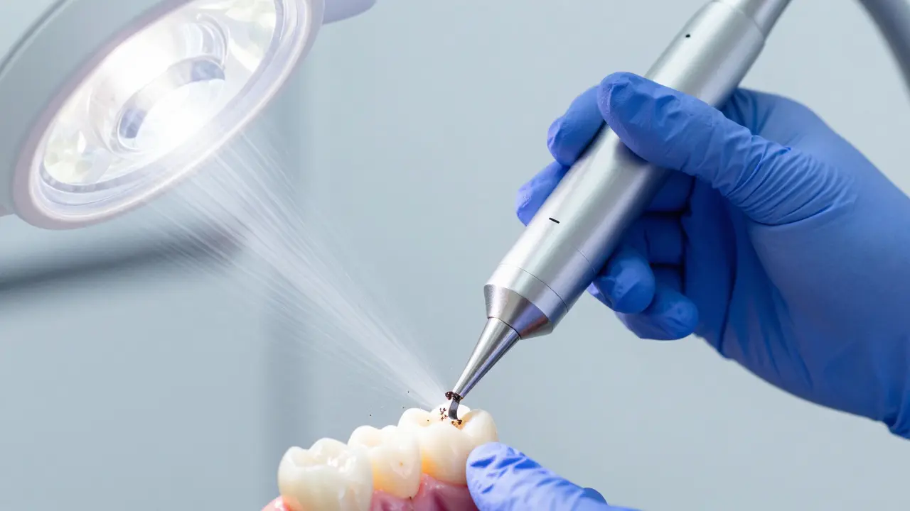 Zubař použív la odstraní zubní kámen pomocí ultrazvuku.