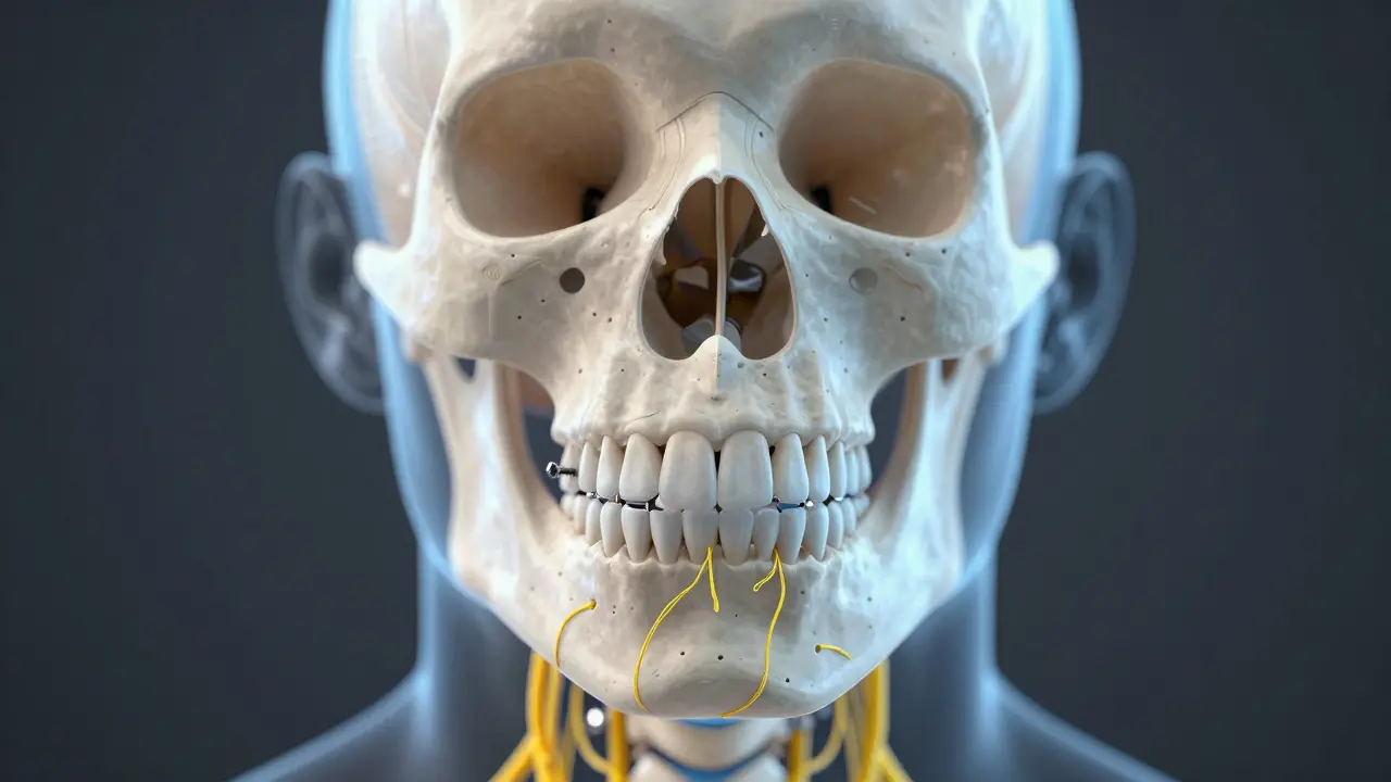 3D vizualizace kostí obličeje a titanových destiček
