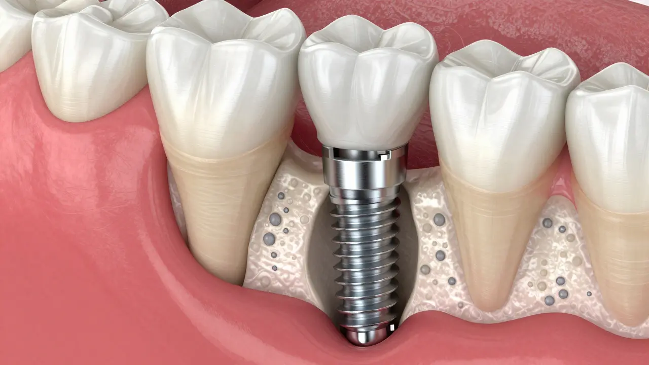 3D vizualizace titanového implantátu integrovaného do čelistní kosti s korunou.