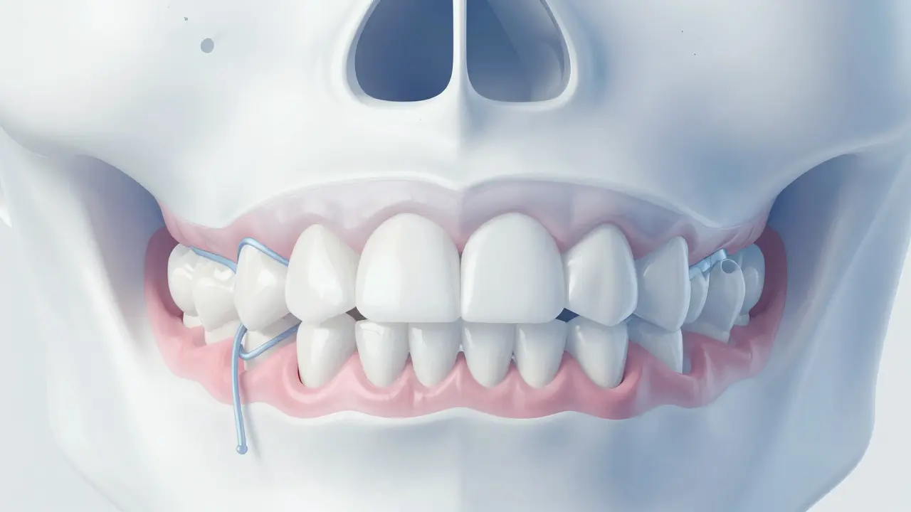 Anatomická ilustrace ukazující příčinu mezery mezi zuby