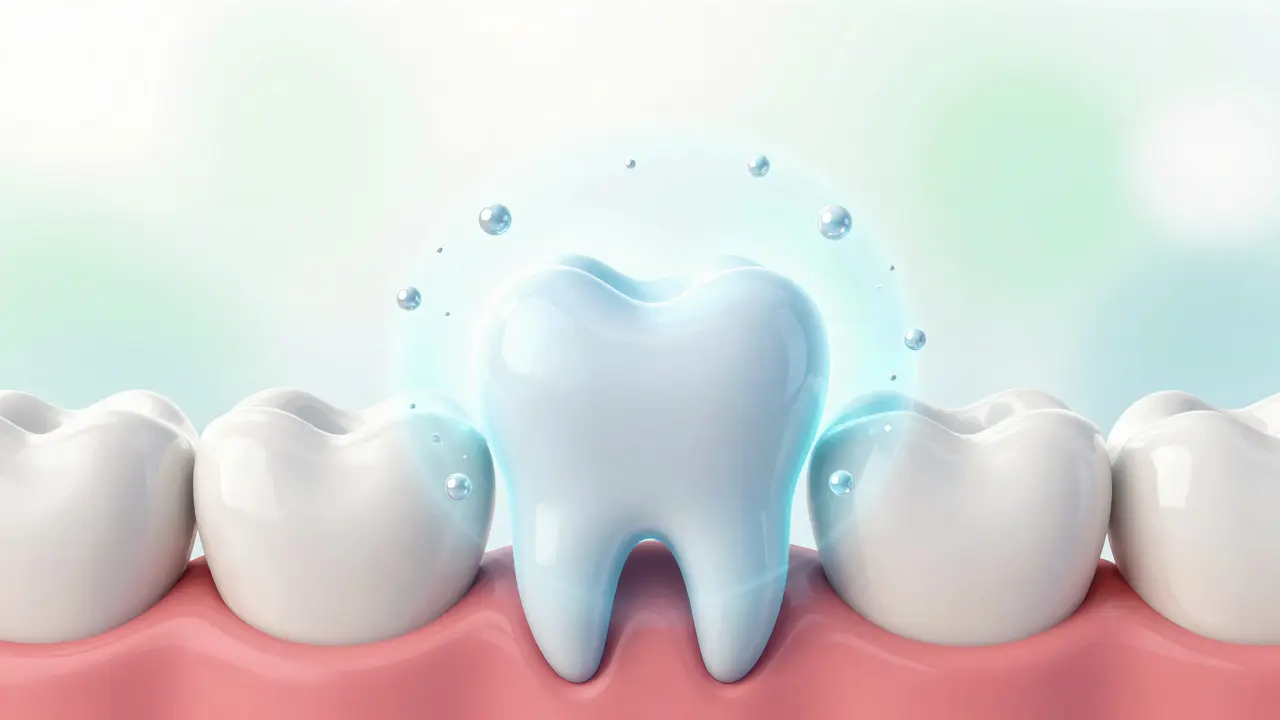Konceptuální ilustrace uvolňování fluoridu z výplně pro ochranu zuboviny