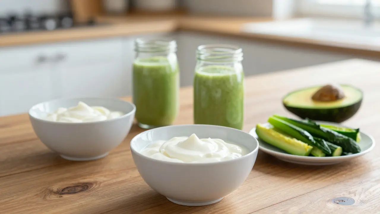 Miska jogurtu, smoothie a měkké zelenina na dřevěném stole.