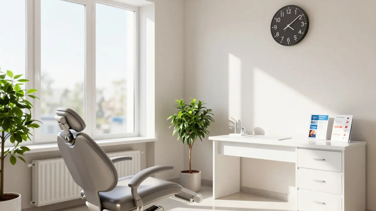 Světlá a klidná čekací místnost moderní stomatologické kliniky