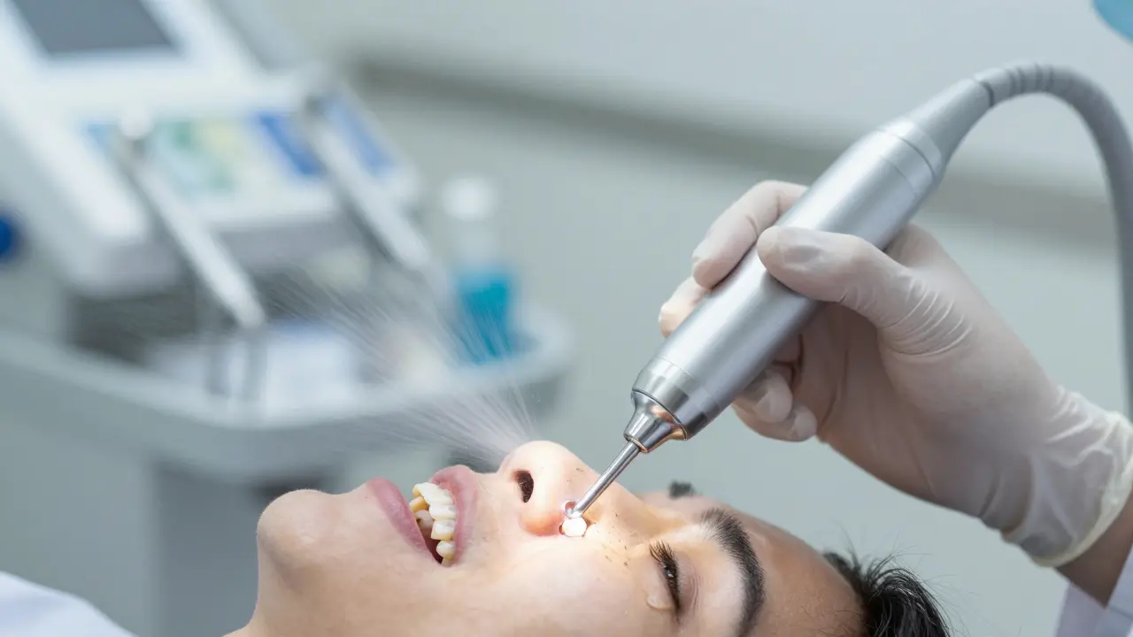 Zubní hygienista používá ultrazvukový škrabák