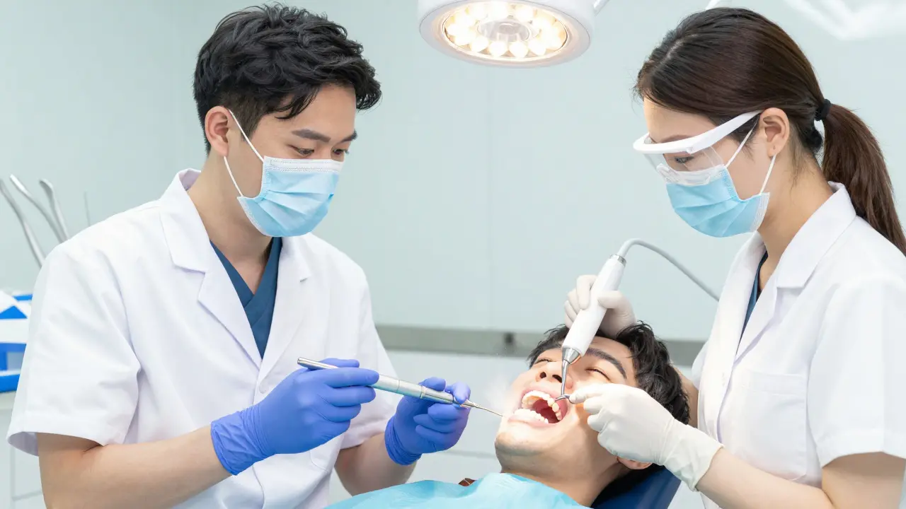 Zubní lékař a hygienistka při profesionálním čištění