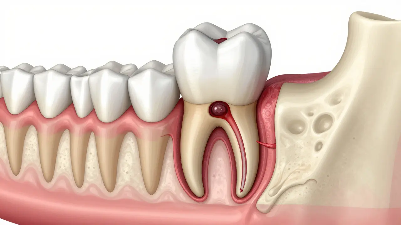 Anatomický průřez zobrazující absces na kořeni zubu a zánět kosti