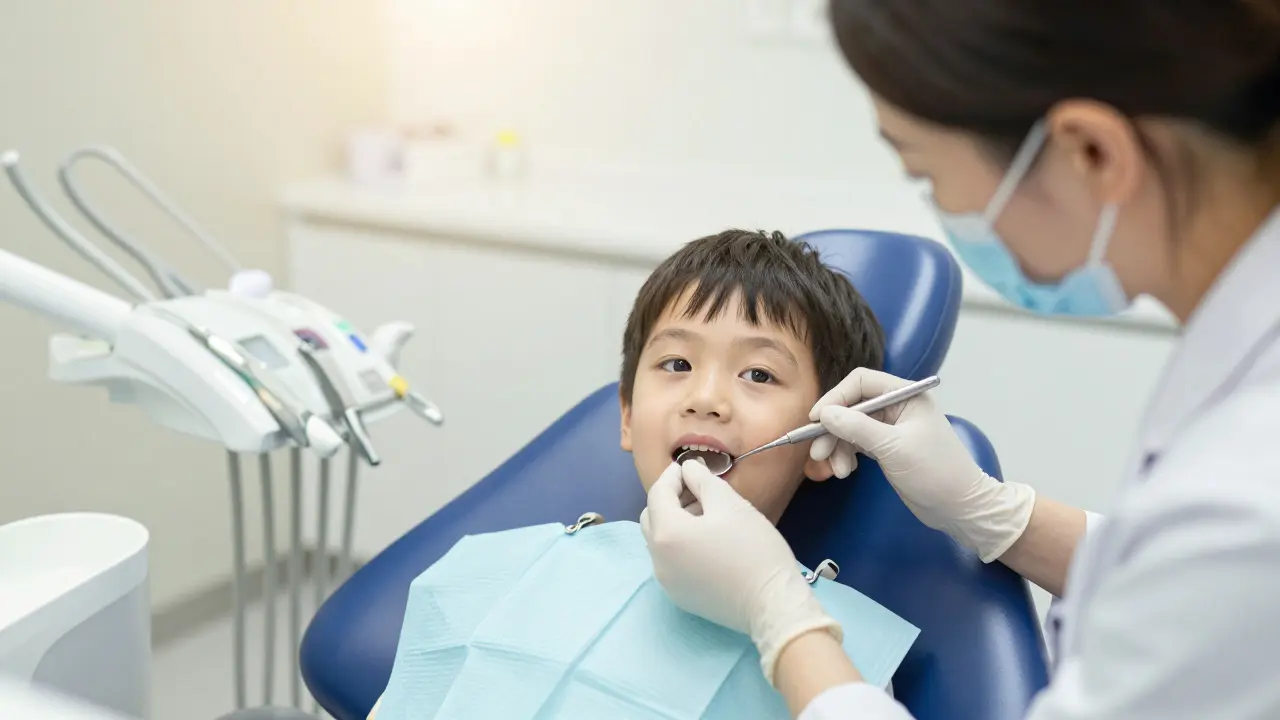 Děti u dentální hygienistky pro prevenci zubního kamene