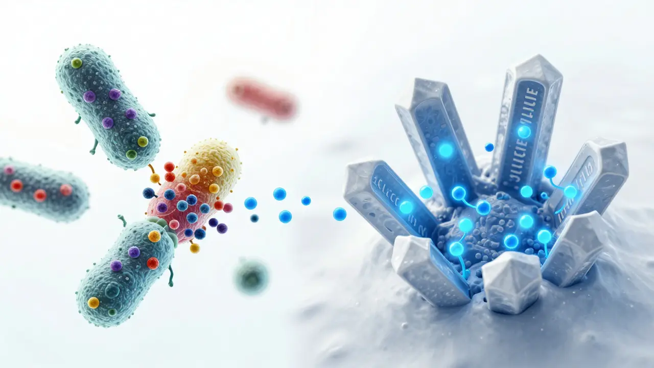 Konceptuální ilustrace procesu remineralizace zubního emajlu fluoridem
