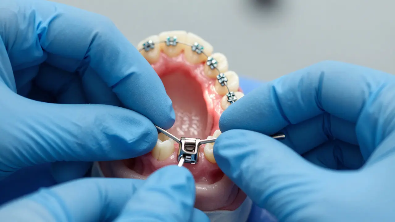 Ortodont připevňuje držák na odhalený retinovaný zub v ordinaci
