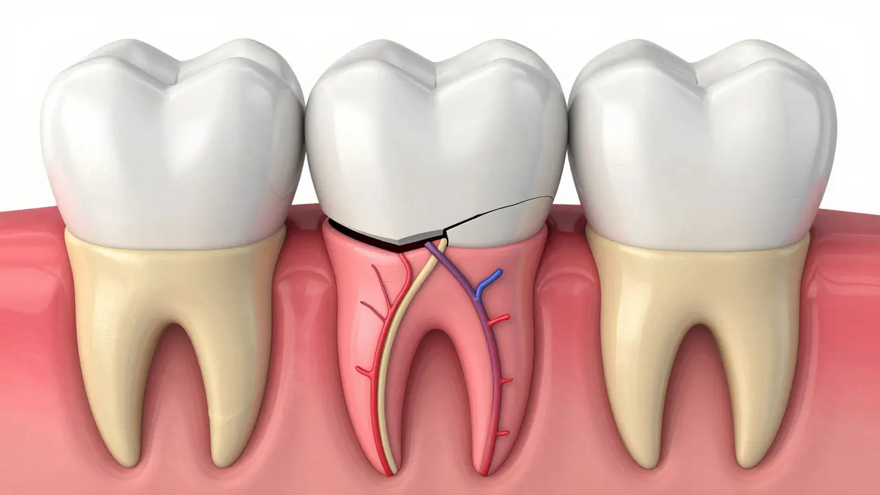 Příčný řez zubem ukazující email, dentin a pulpu