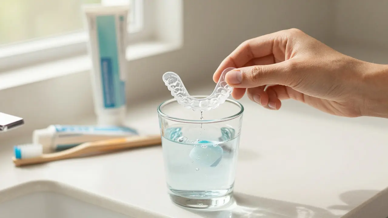 Retainer močený ve vodě s čisticí tabletkou pro hygienu