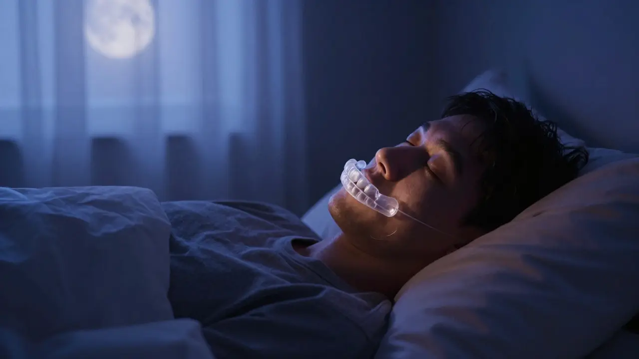 Spánek s ochranným chráničem proti skřípání zuby