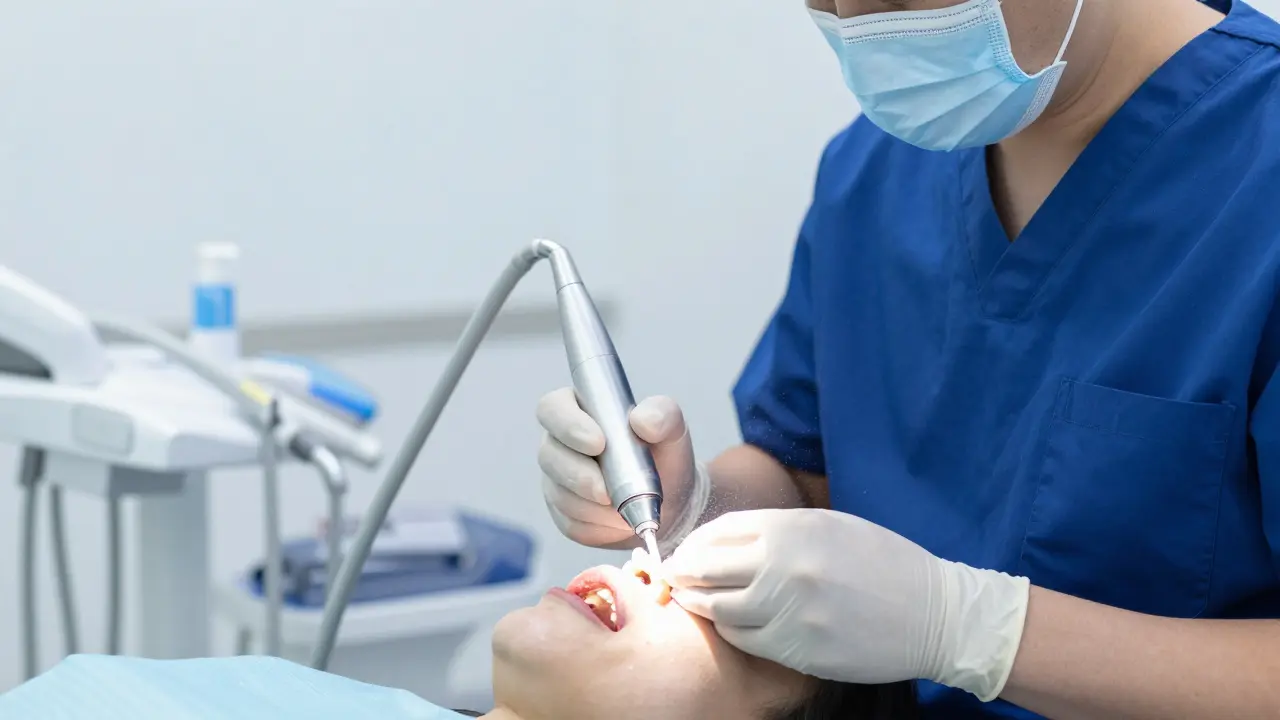 Stomatolog používá ultrazvukový přístroj k čištění zubního kamene