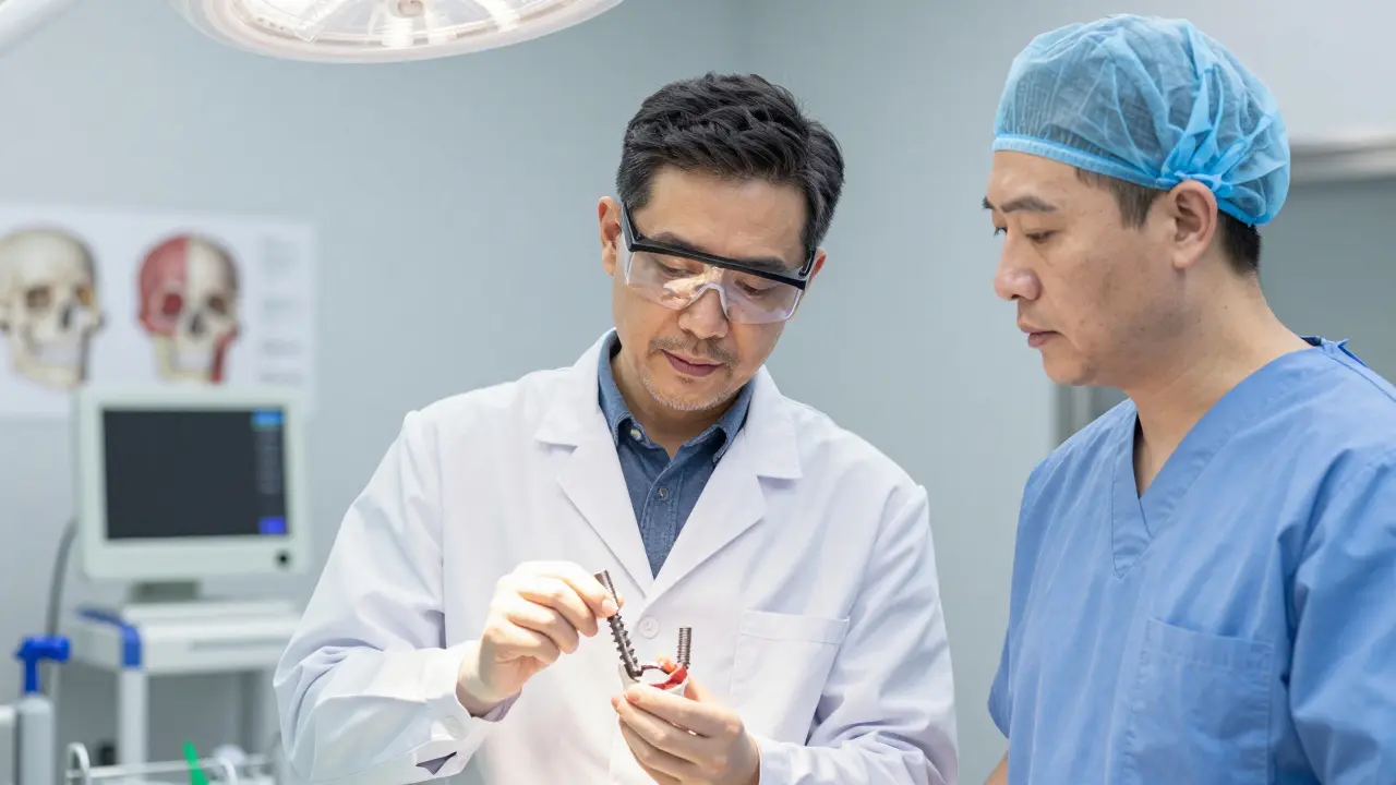 Zubní technik konzultuje chirurgický šablonu s maxilofaciálním chirurgem