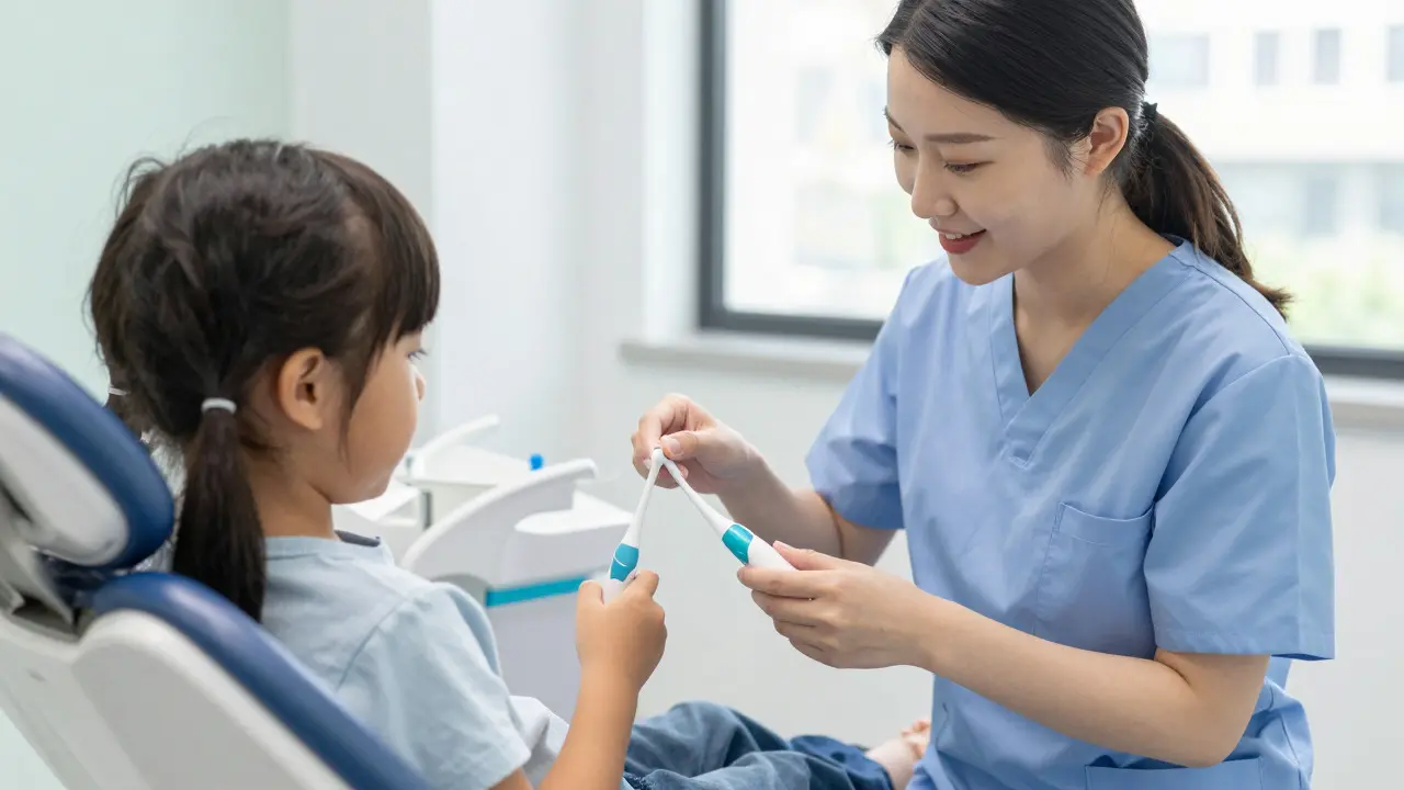 Dentální hygienistka učí dítě správné čištění zubů