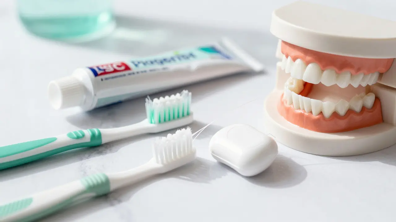 Hygienické pomůcky a zdravý zub s fazetou