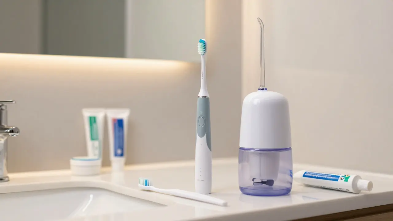 Hygienické pomůcky pro péči o rovnátka na umyvadle