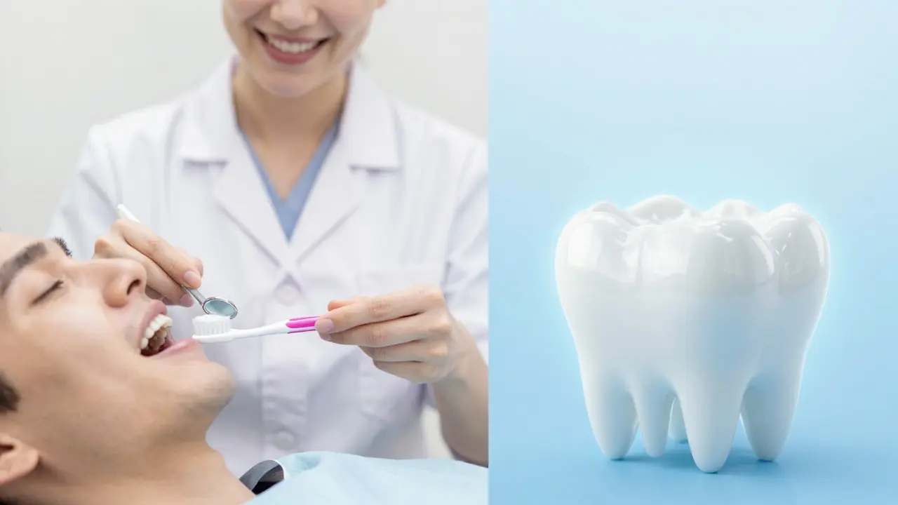 Hygienistka ukazuje správnou techniku čištění zubů pacientovi
