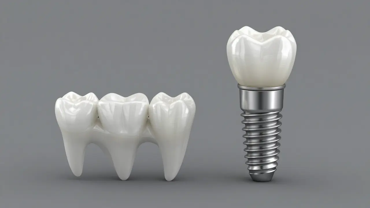 Porovnání zubního můstku a implantátu na neutrálním pozadí