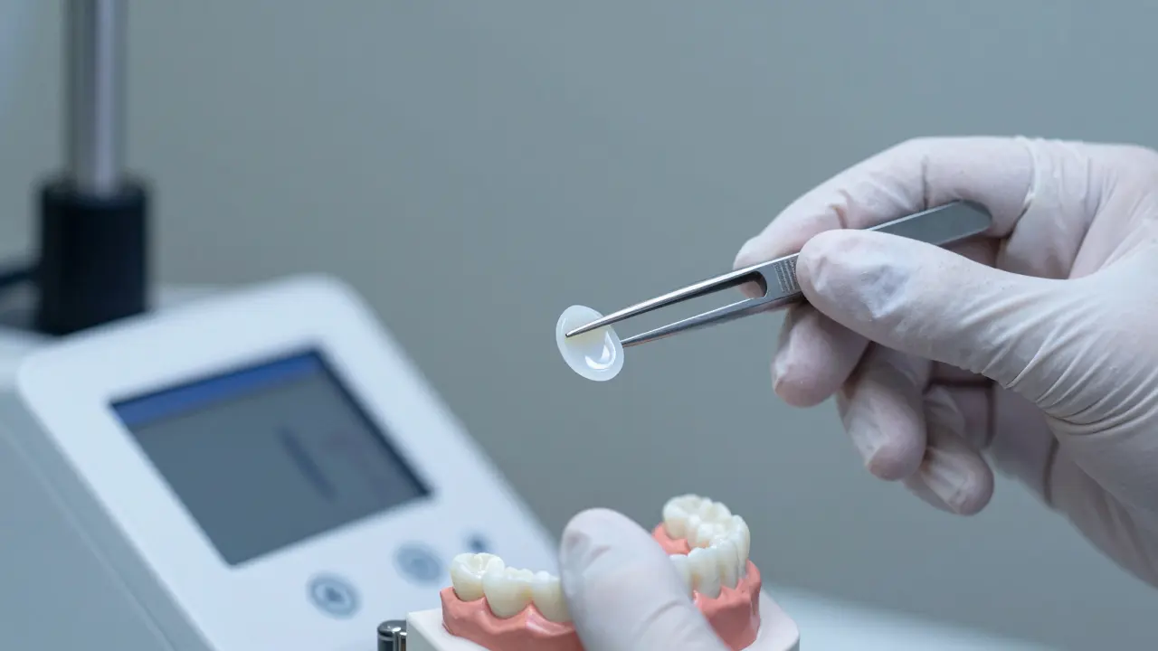 Technik kontroluje porcelánovou fasetu v laboratoři