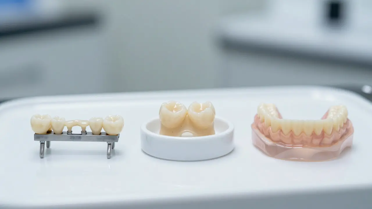 Zubní můstek, výplň a protéza na klinickém stole