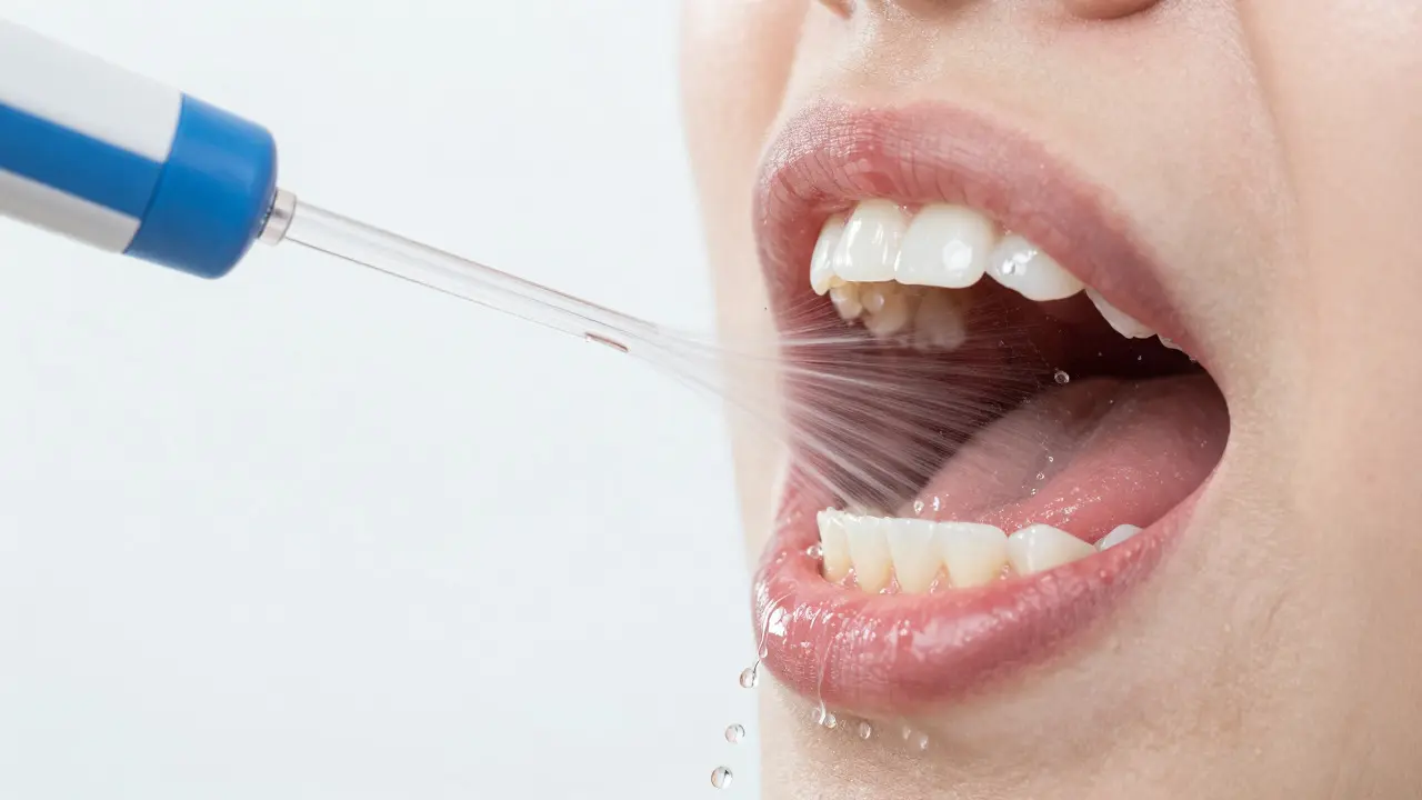 Dentální irrigátor stříkající proud vody do úst pro vyplachování bakterií