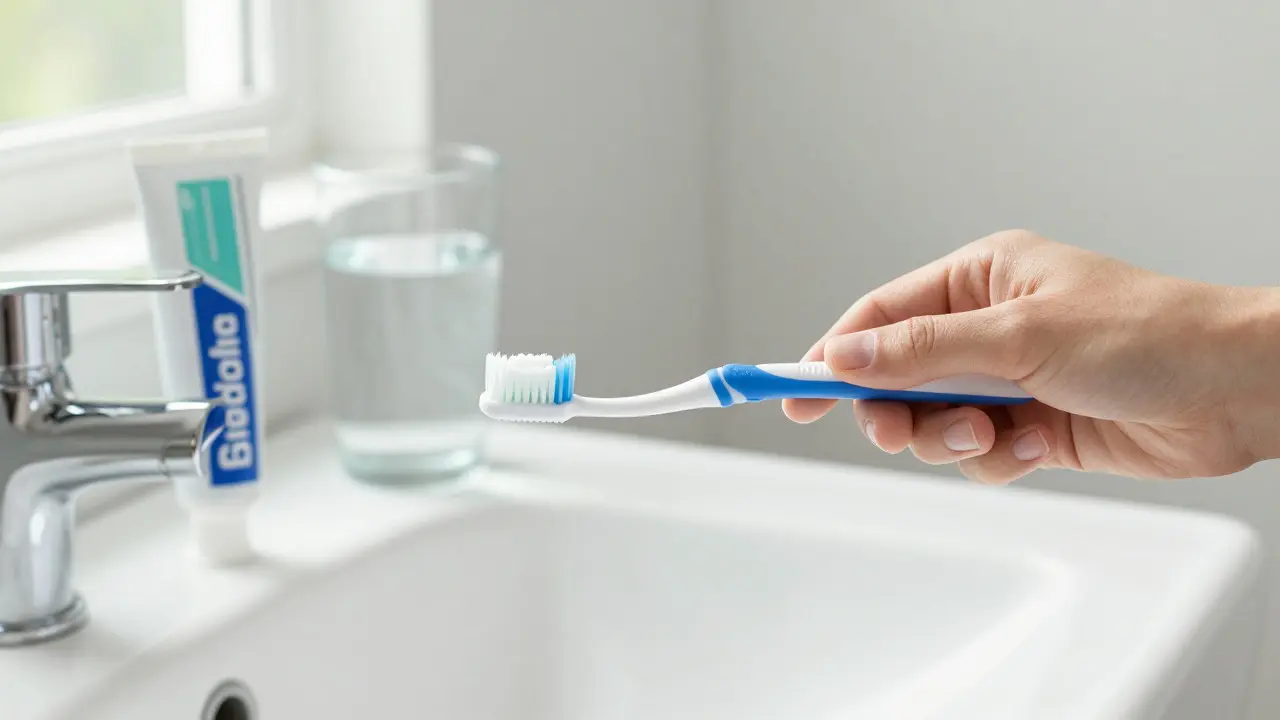 Hand using an interdental brush to clean between teeth