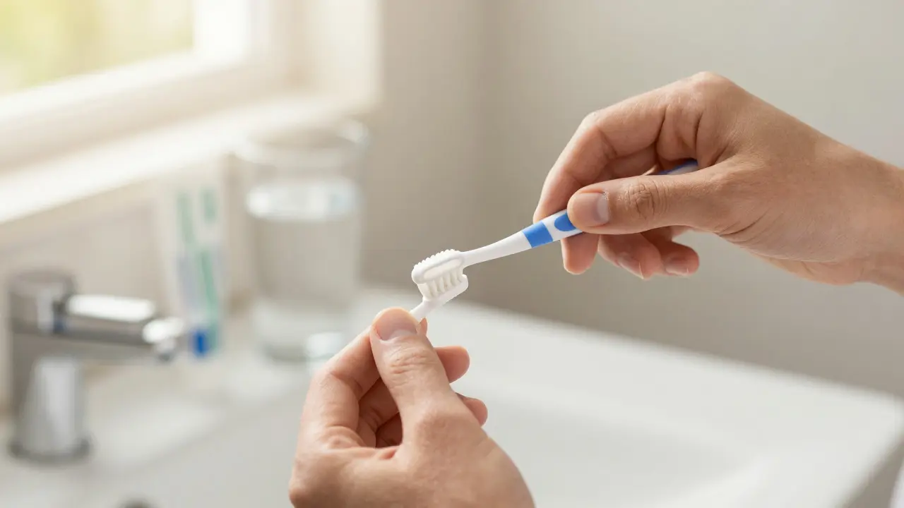 Hands using interdental brush and tongue scraper for full oral hygiene