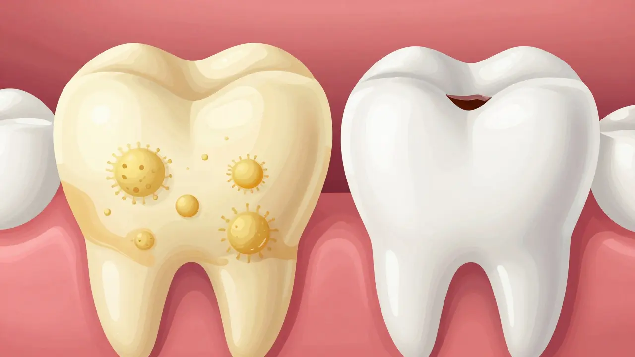 Illustration comparing removable plaque with permanent tooth decay