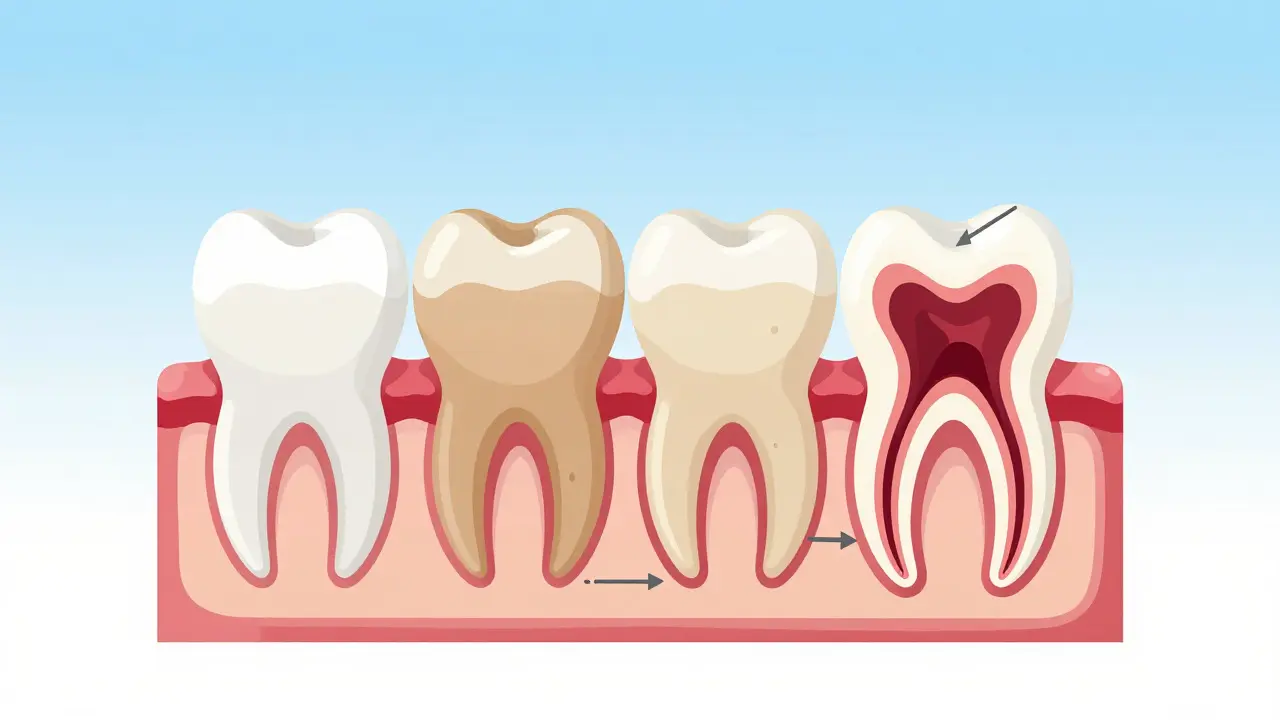 Illustration of four stages of tooth decay from enamel to nerve