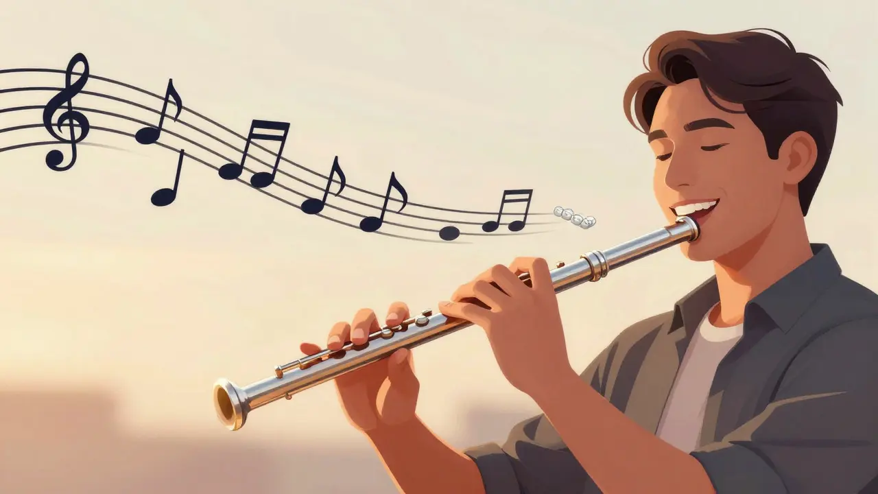 Ilustrace hudebníka hrajícího flétnu s vizualizací zvukových vln