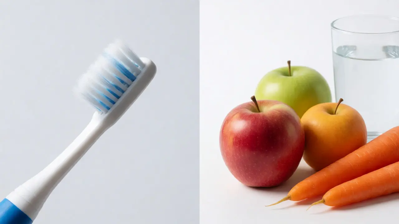 Ilustrace správné techniky čištění zubů a zdravé stravy
