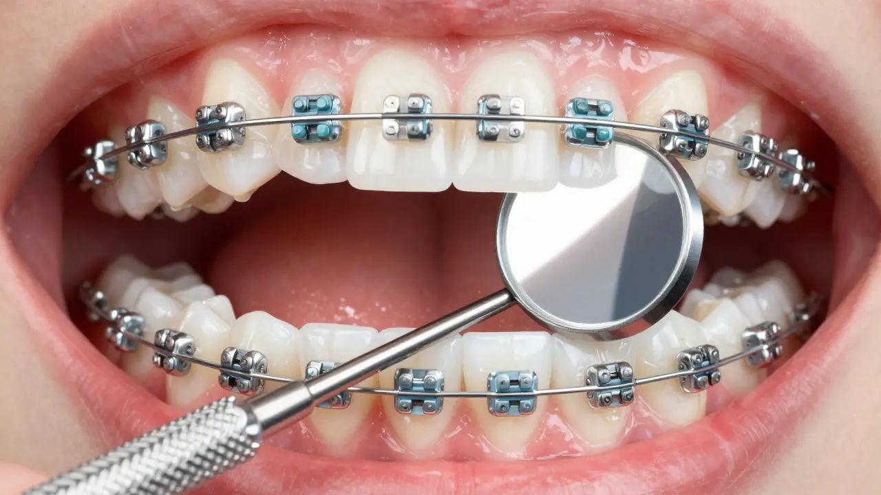 Macro view of dental mirror inspecting braces and molars inside a mouth