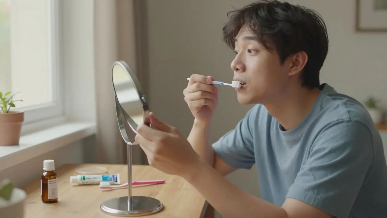 Person at a desk using a dental mirror for home oral health check