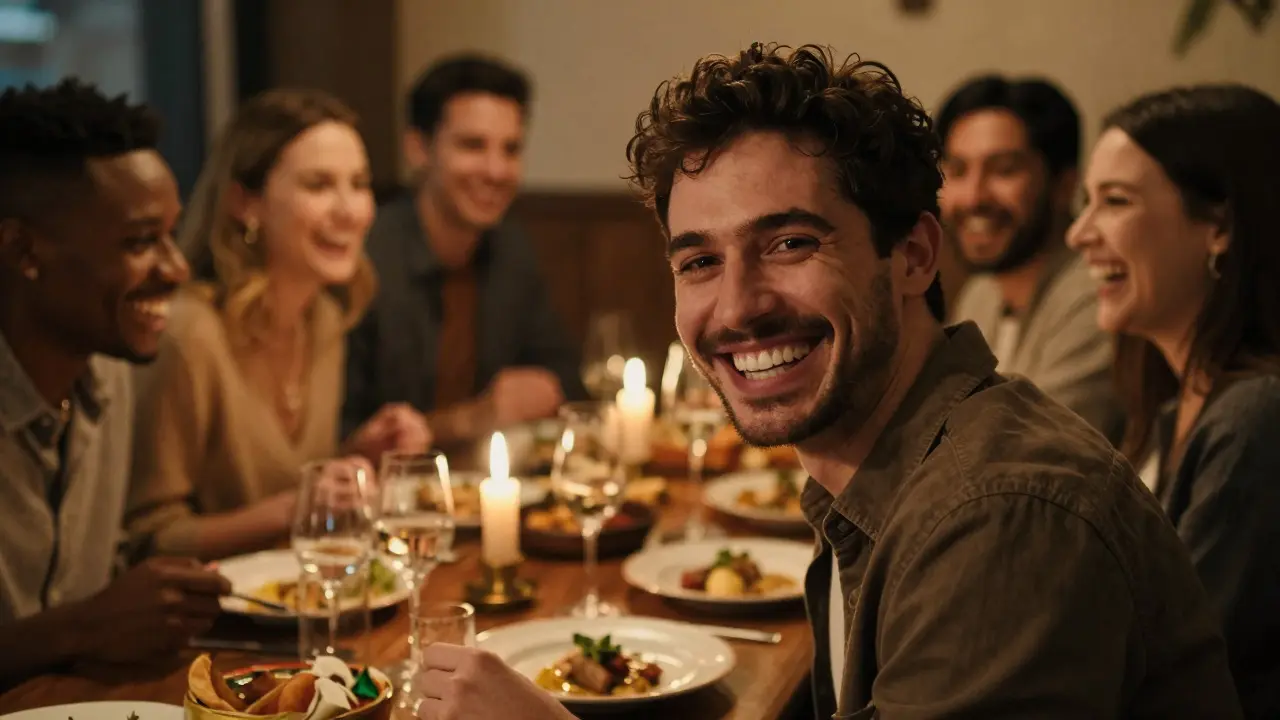 Skupina přátel se směje společně v restauraci, jeden muž se sebevědomě usmívá