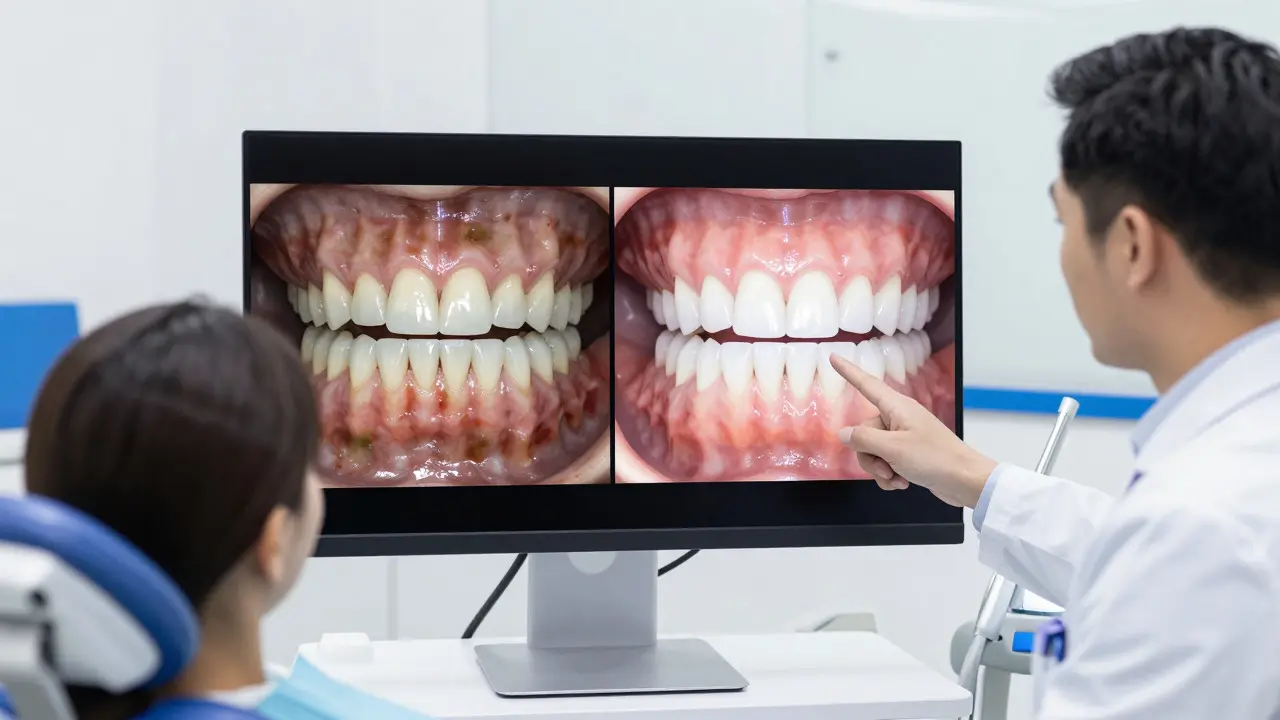 Stomatolog ukazuje pacientovi simulaci úsměvu na digitálním displeji