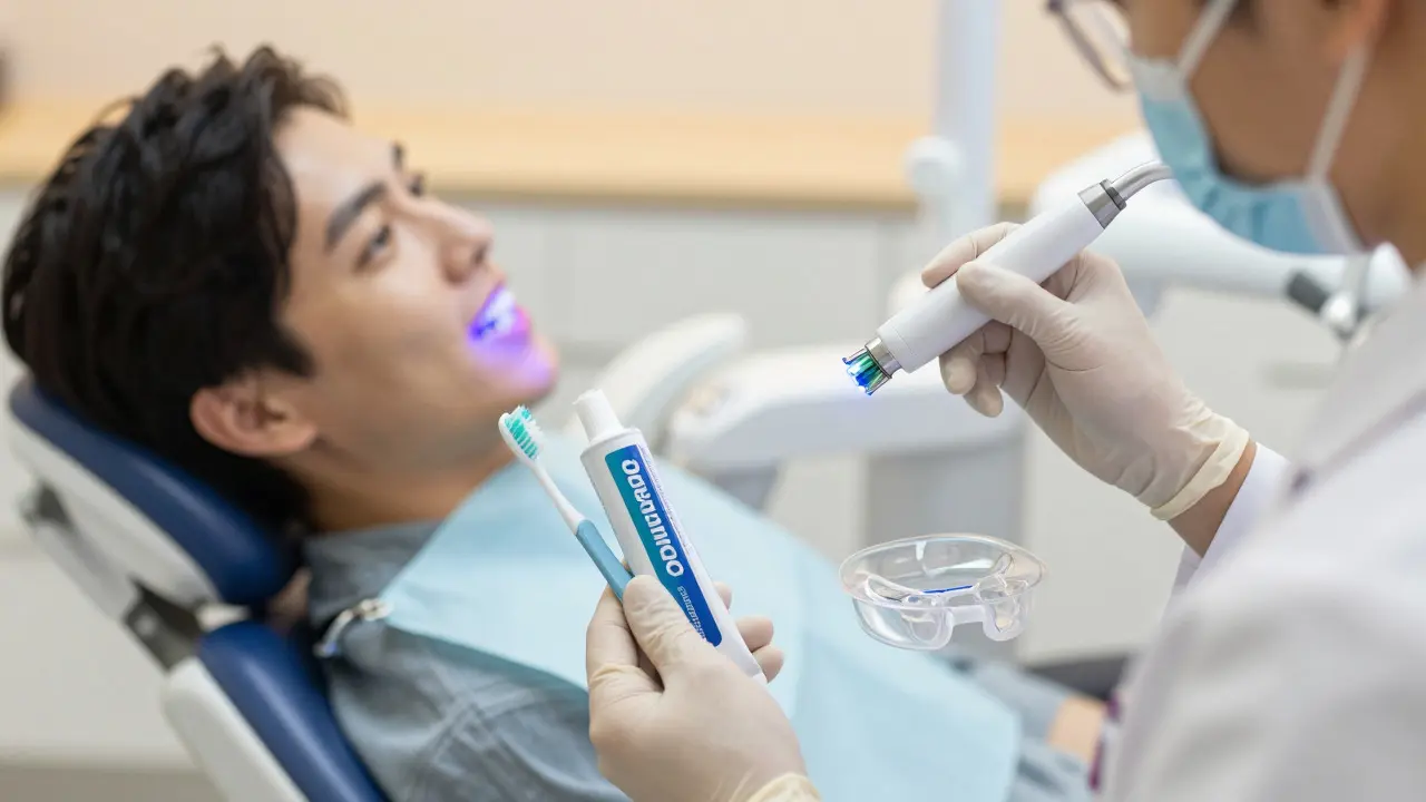 Stomatologická ordinace s ochrannými pomůckami jako chránič a pasta