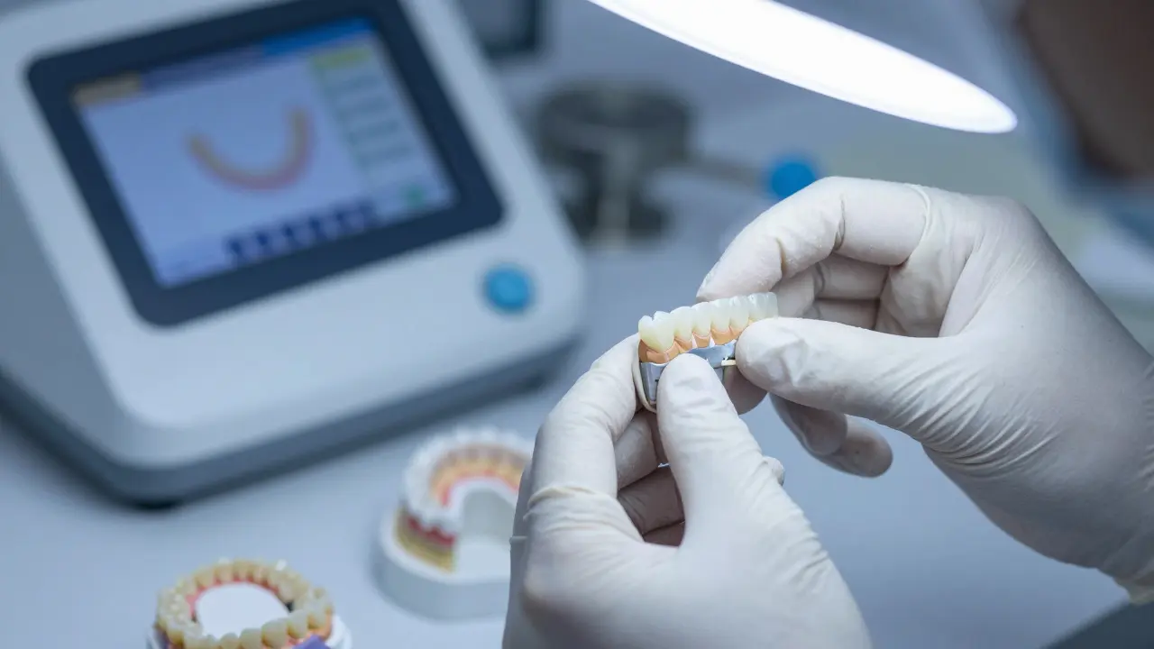 Zubní technik kontroluje porcelánové fazety v laboratoři