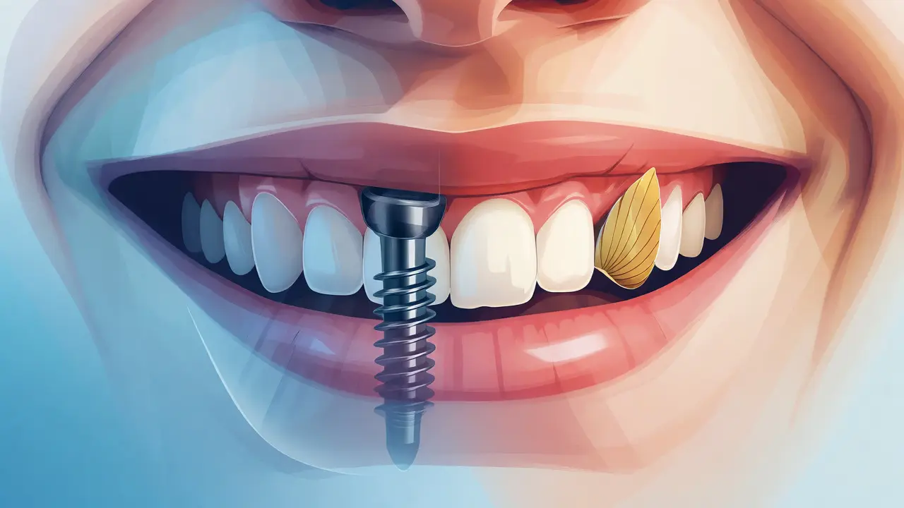 Ilustrace porovnávající zubní implantát a adhezivní můstek