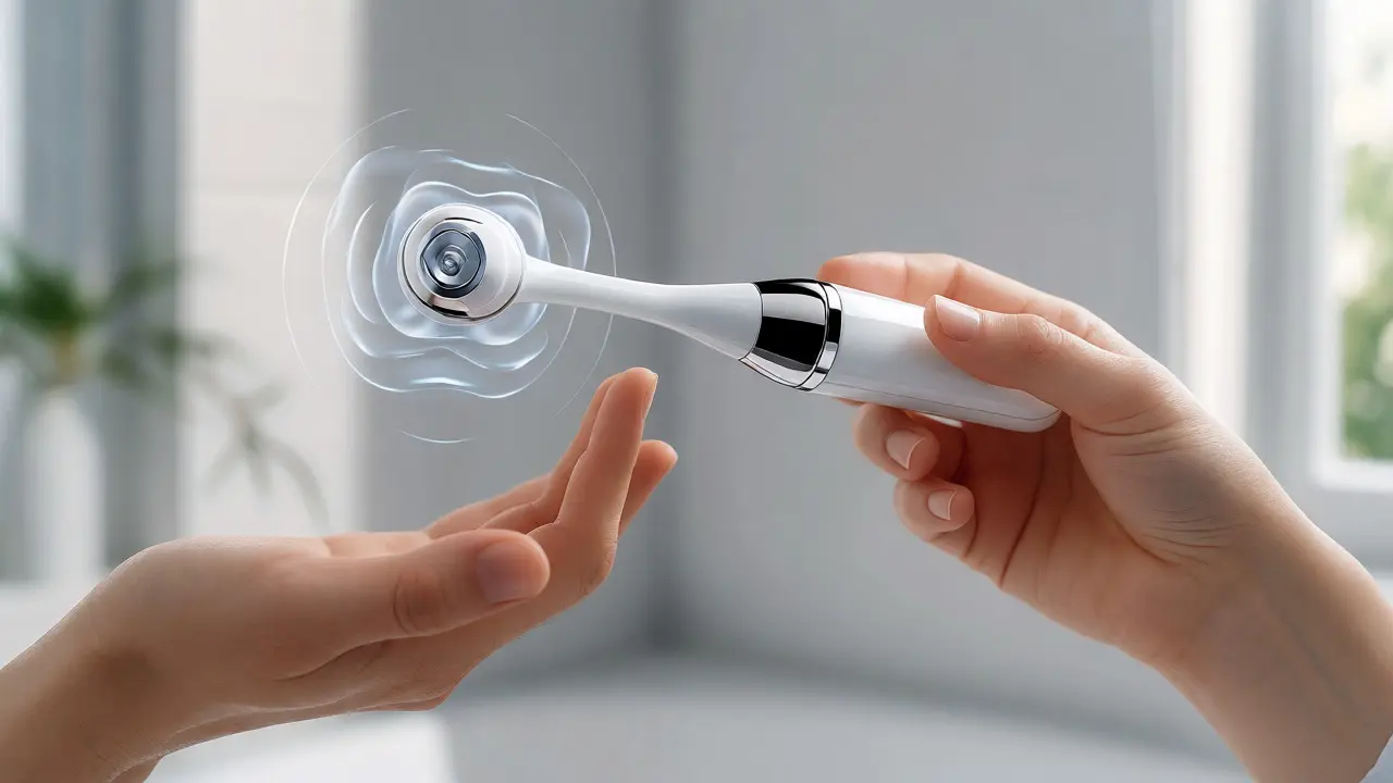 Moderní ultrasonický kartáček jemně položený na zuby bez nutnosti mechanického tlaku.