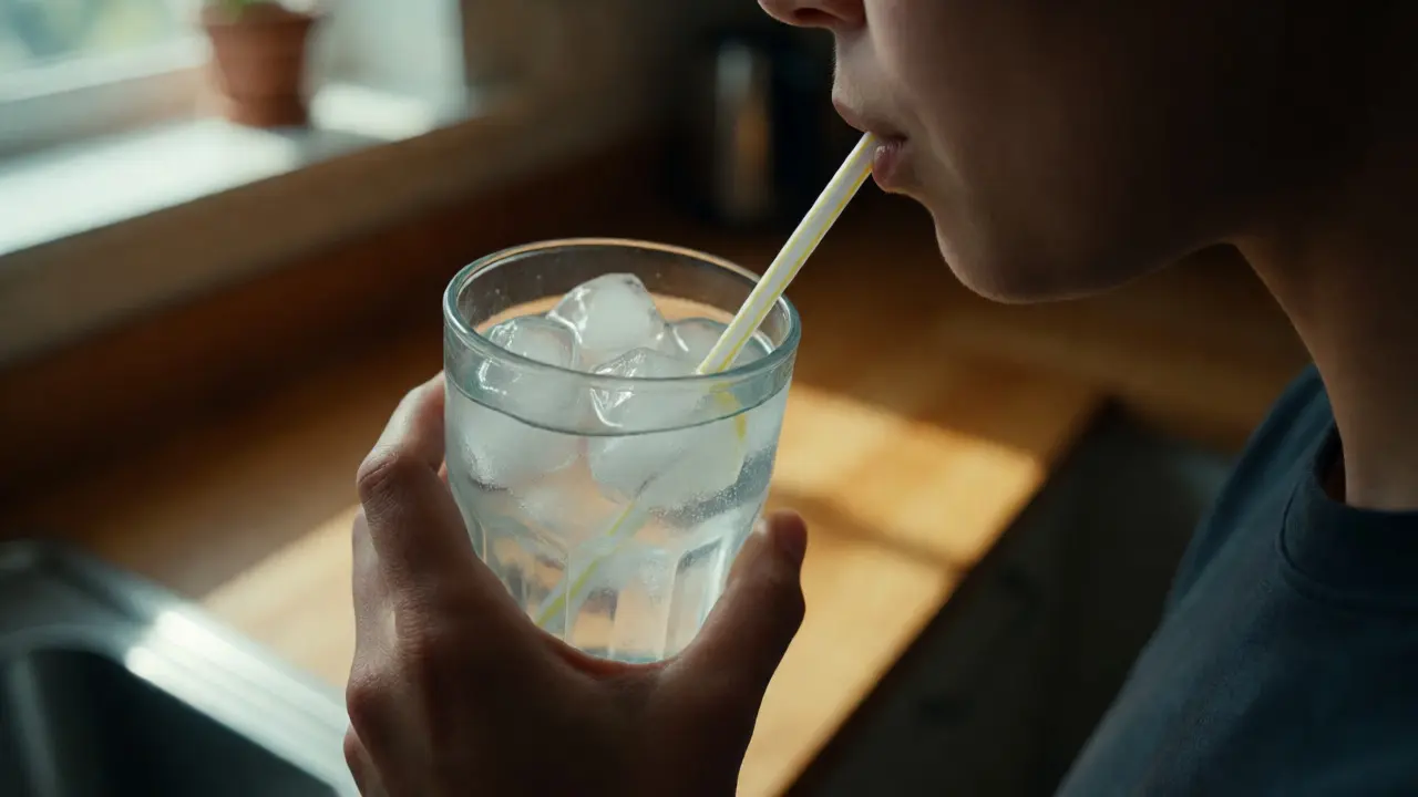 Osoba pije ledovou limonádu brčkem a cítí bolest ze studené tekutiny