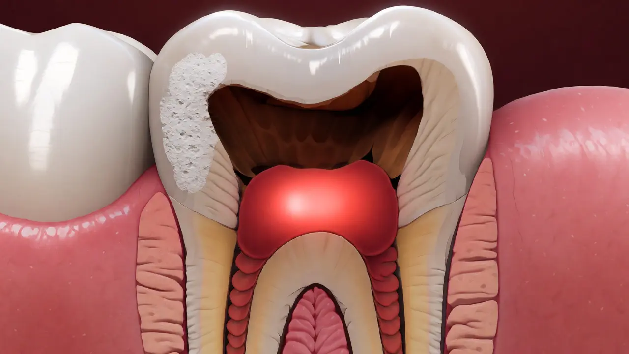 Řez zubem s pokročilým kazem v dentinu