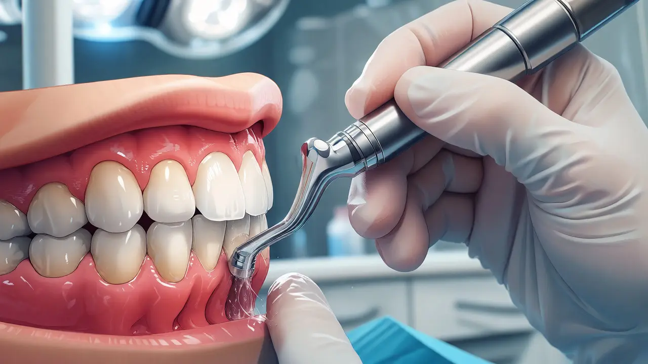 Zubní hygienistka odstraňuje kámen ultrazvukem u dásní