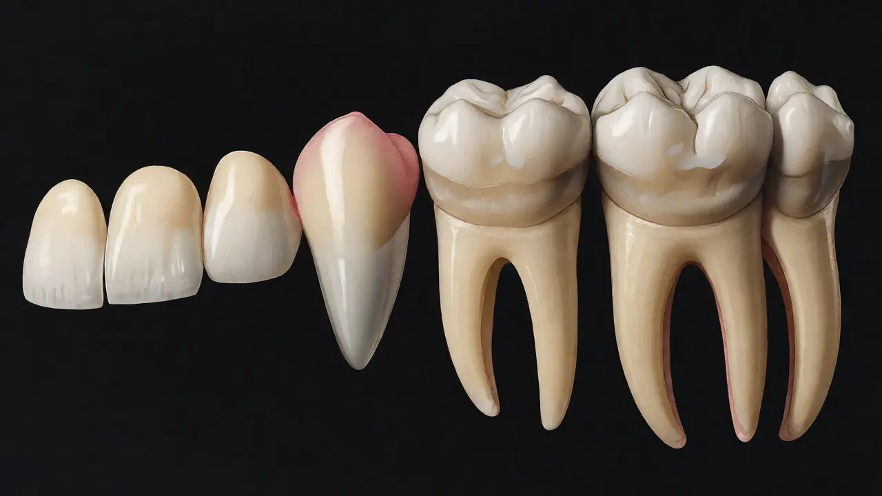 Anatomický přehled řezáků, špičáků, premolárů a molárů.