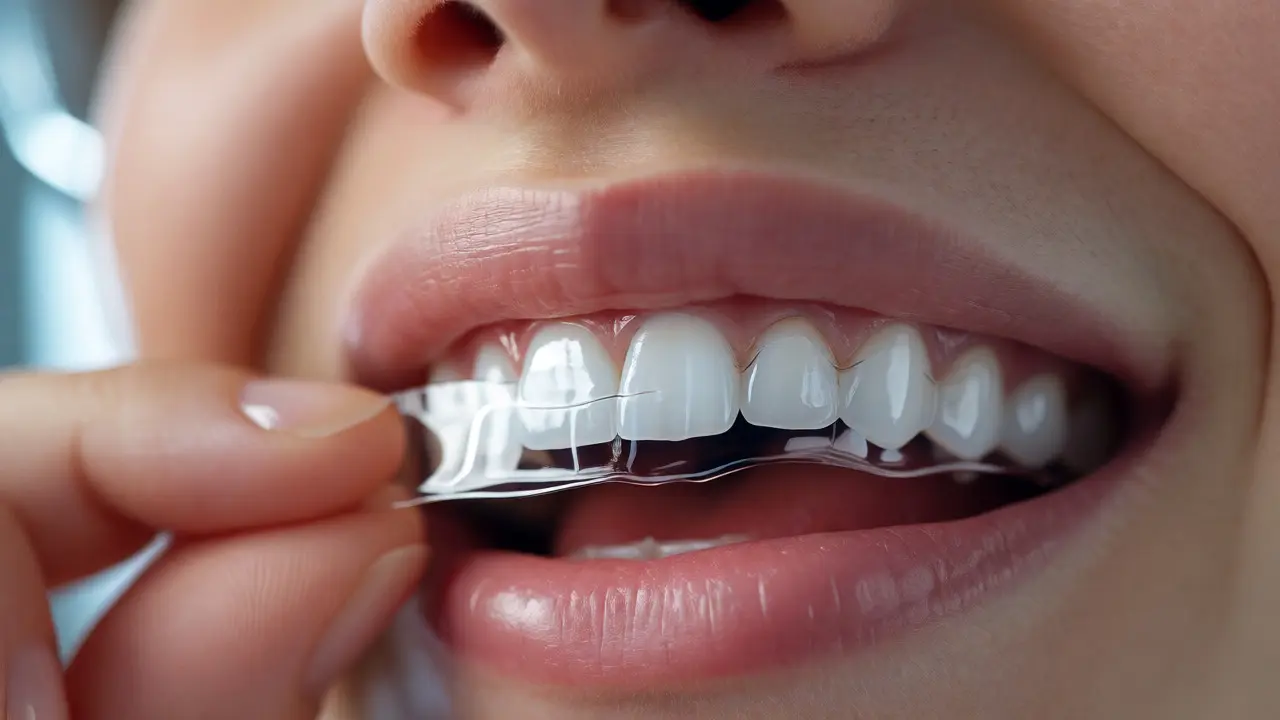 Close-up of whitening strips being applied to teeth