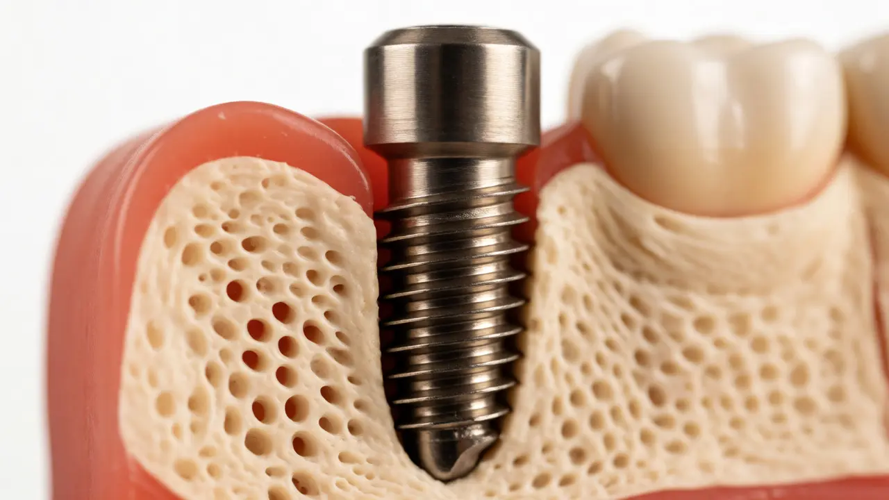 Detailní pohled na titanový zubní implantát v kosti