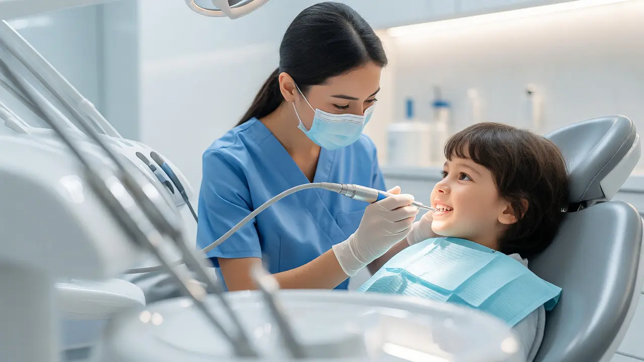 Hygienistka odstraňuje zubní kámen ultrazvukem u dítěte