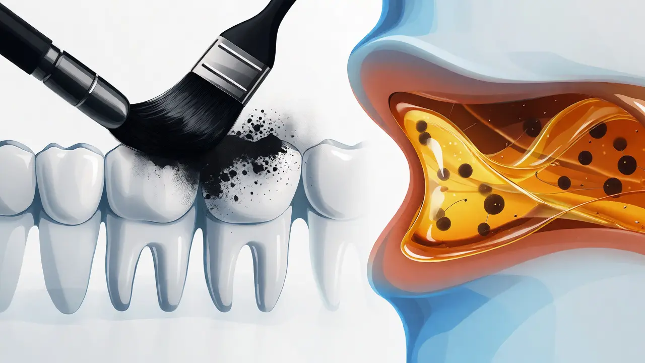 Illustration of activated charcoal and oil pulling for teeth