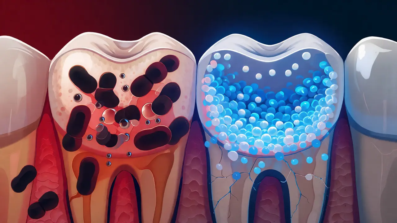 Ilustrace opravy skloviny pomocí fluoridu a hydroxyapatitu